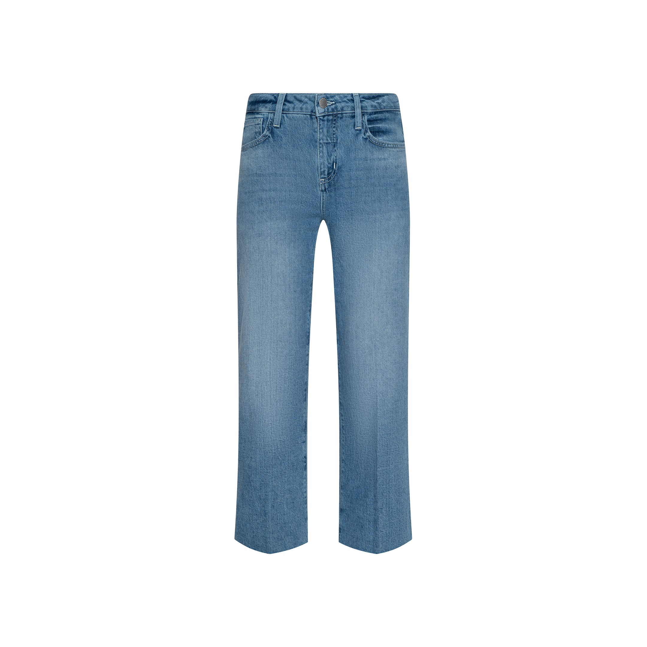 The Wanda Cropped Wide-Leg Jean is showcased on a plain white background. Featuring a classic five-pocket design, button and zipper closure, and a slightly faded light blue wash, these jeans add an effortless touch of Parisian style to your everyday wardrobe with their modern cropped wide-leg silhouette.