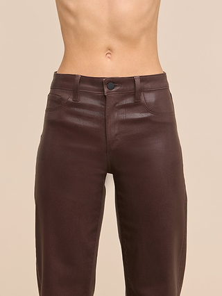 A person is shown from the waist to the upper thighs, wearing the Wanda Coated Cropped Wide-Leg Jean in high-waisted, dark brown coated denim with a bare torso against a plain beige background.