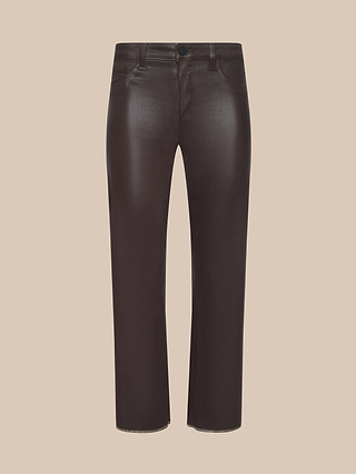 Wanda Coated Cropped Wide-Leg Jean, featuring a brown leather finish with button and zip closure, belt loops, and side and back pockets. Showcased on a plain beige background, its sleek coating evokes the look of denim while maintaining the structured silhouette of classic tailoring.