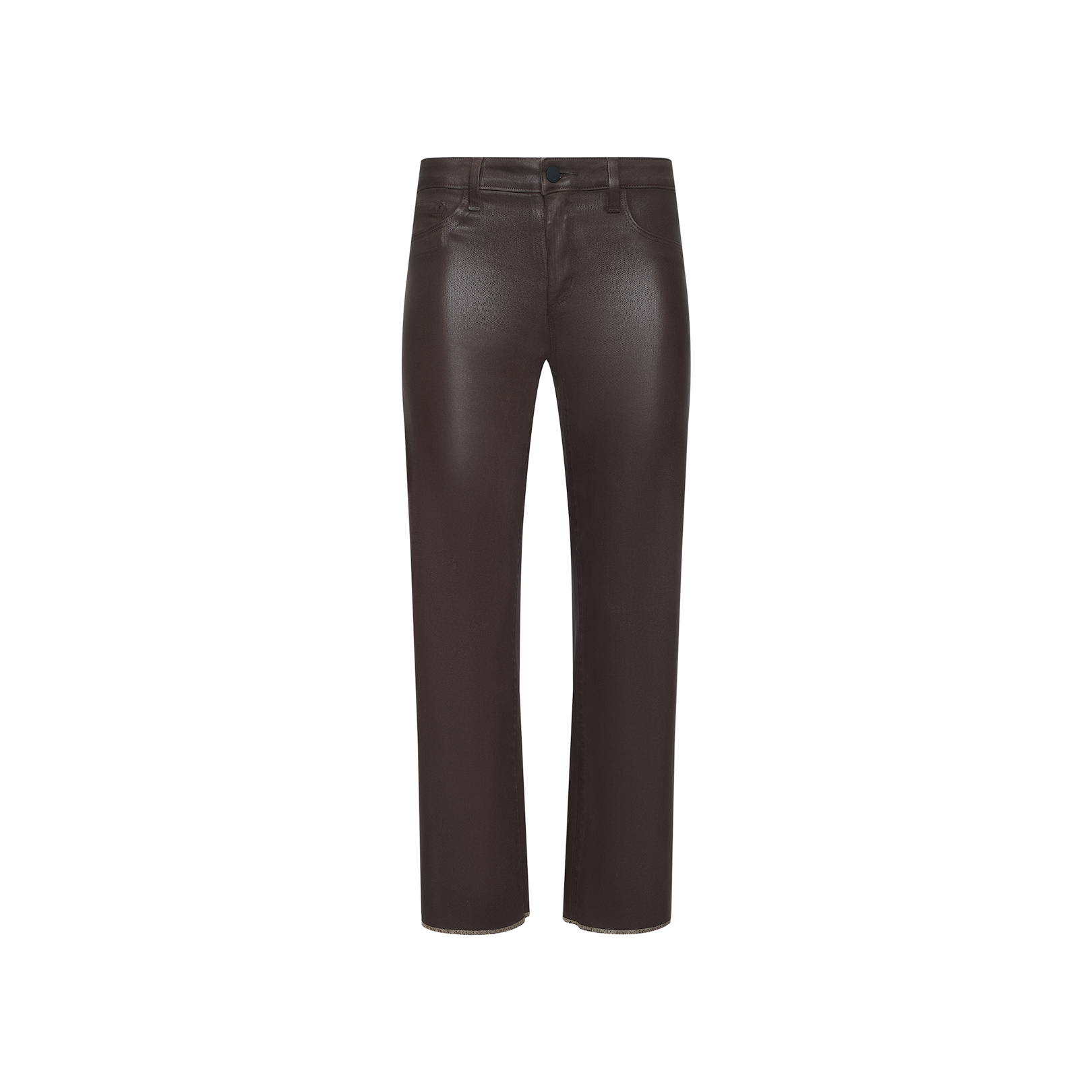 Wanda Coated Cropped Wide-Leg Jean in dark java brown, featuring front pockets, belt loops, and a button closure at the waist, shown against a plain white background.