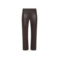 Wanda Coated Cropped Wide-Leg Jean in dark java brown, featuring front pockets, belt loops, and a button closure at the waist, shown against a plain white background.