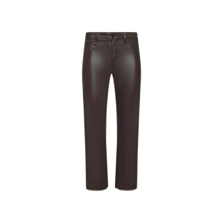 Wanda Coated Cropped Wide-Leg Jean in dark java brown, featuring front pockets, belt loops, and a button closure at the waist, shown against a plain white background.