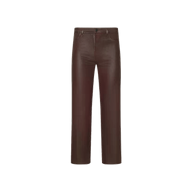 Wanda Coated Cropped Wide-Leg Jean in brown leather with belt loops, front button, pockets, and a raw hem is displayed on a plain white background.