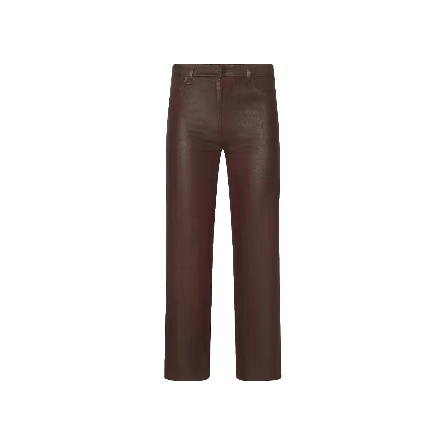 Wanda Coated Cropped Wide-Leg Jean in brown leather with belt loops, front button, pockets, and a raw hem is displayed on a plain white background.
