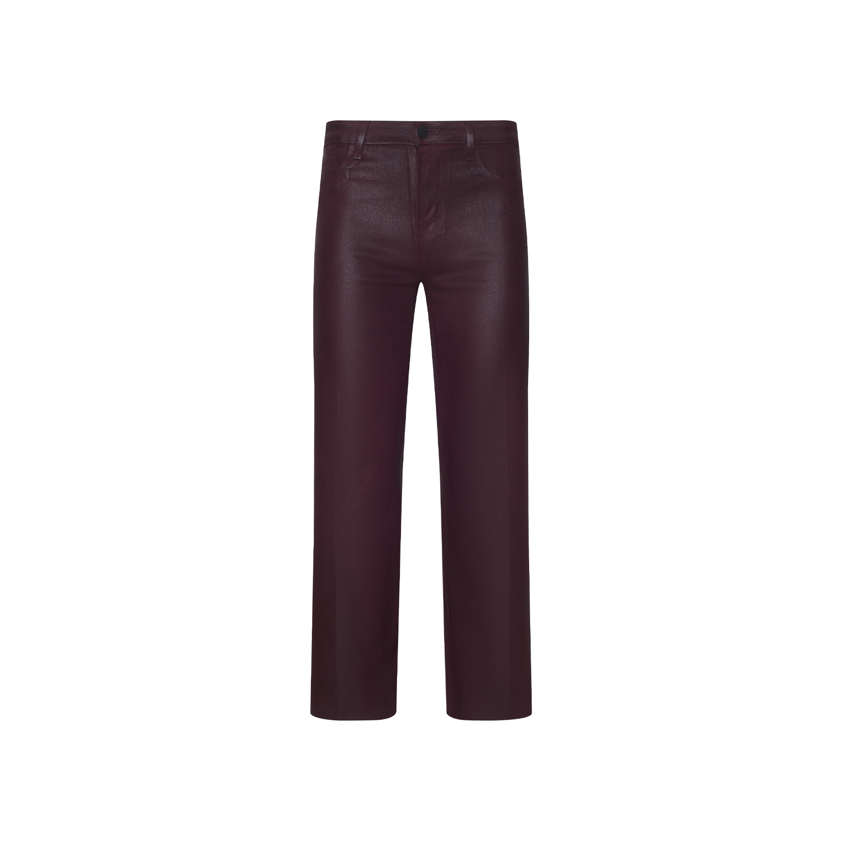The Wanda Coated Cropped Wide-Leg Jean, featuring a high-rise fit and crafted from dark burgundy coated fabric, is displayed against a plain white background.