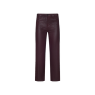The Wanda Coated Cropped Wide-Leg Jean, featuring a high-rise fit and crafted from dark burgundy coated fabric, is displayed against a plain white background.