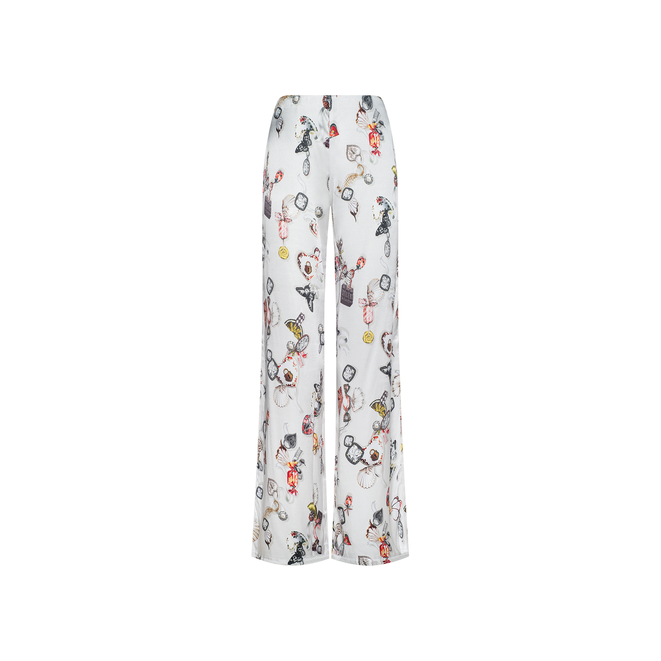 The Kimia Satin Pant is a white, high-rise, wide-leg pajama pant crafted from satin and adorned with a colorful, playful print of cartoon animals and whimsical objects scattered across the fabric.