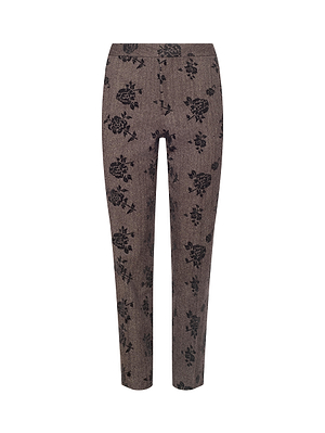 The Rebel Flocked Trouser by L'AGENCE features a high-rise, slim-fit silhouette in brown wool-blend herringbone with an all-over black floral pattern and straight-leg design, shown against a white background.