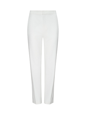 The Rebel Trouser is a womens white, slim-fit, high-rise straight-leg trouser in stretch suit fabric, cropped at the ankle with a clean waistband and hidden front closure, shown against a plain white background.