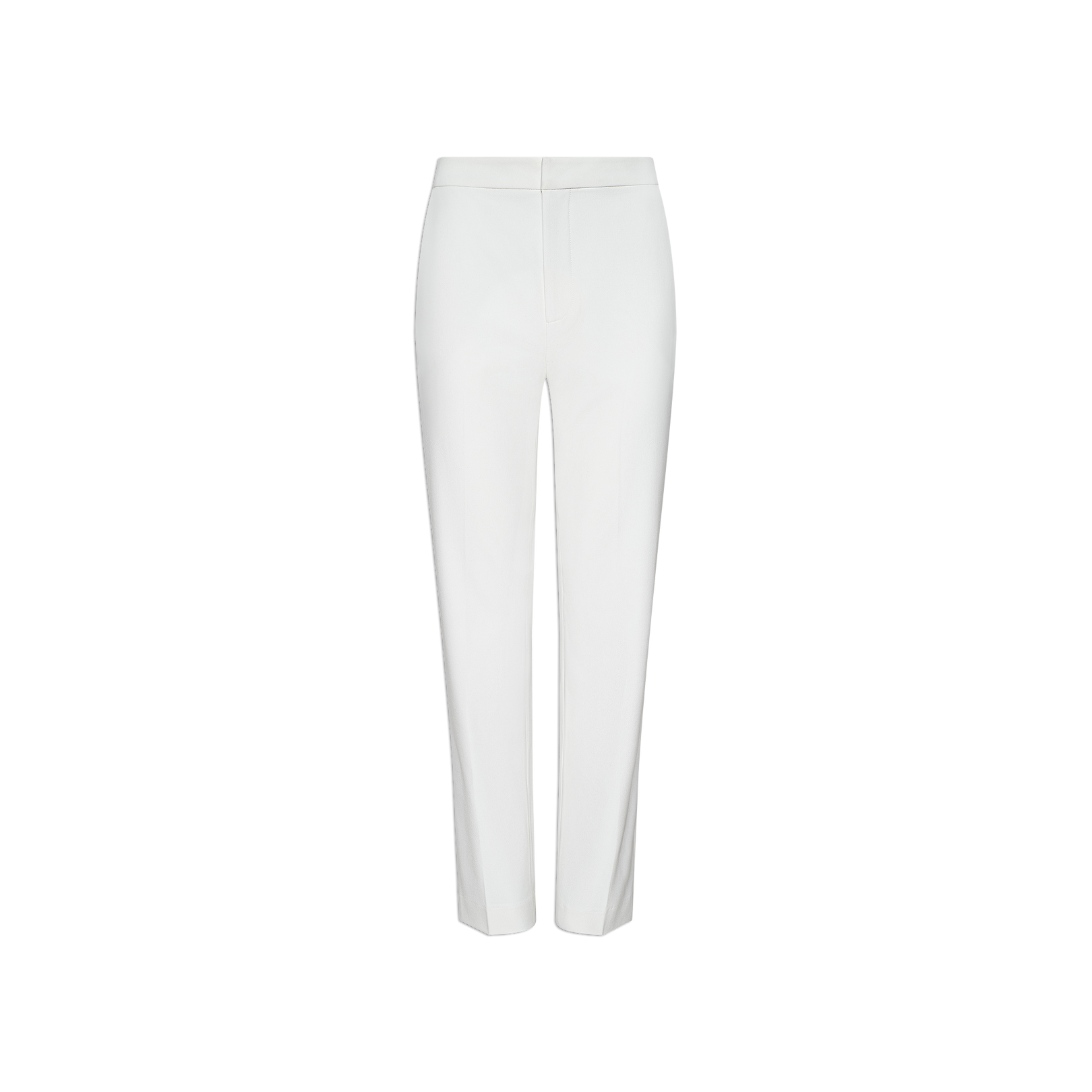 The Rebel Trouser is a pair of white tailored women’s pants with a high rise and straight leg cut, featuring a front fly closure and clean, minimal design, shown against a plain white background.