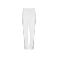 The Rebel Trouser is a white tailored straight-leg pant displayed on a plain white background. Featuring a high-rise waist and a concealed front closure, these trousers are crafted from stretch suit fabric for comfort and ease of movement, with no visible pockets or embellishments.