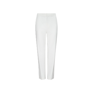 The Rebel Trouser is a pair of white tailored women’s pants with a high rise and straight leg cut, featuring a front fly closure and clean, minimal design, shown against a plain white background.