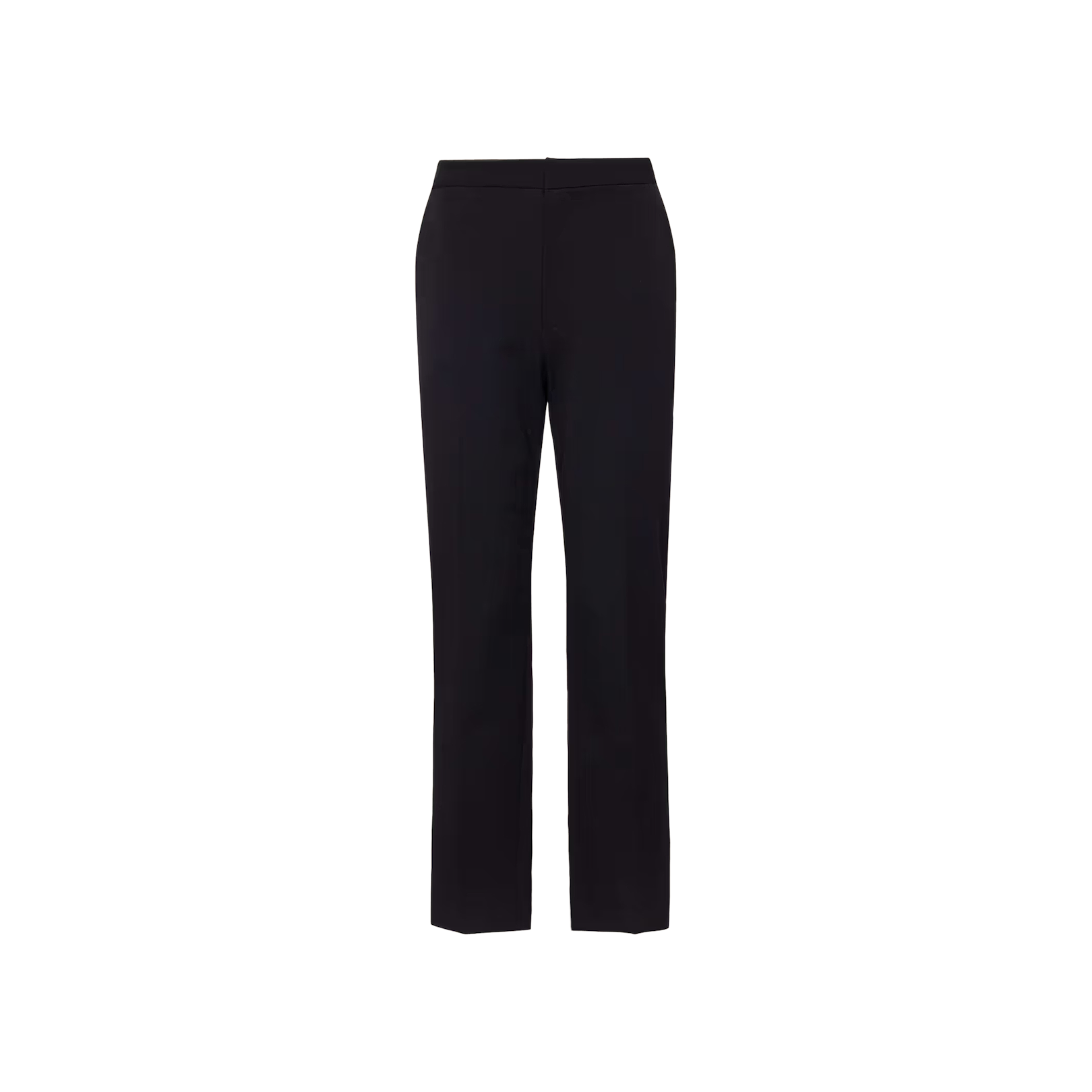 A pair of black, high-rise, straight-leg Rebel Trouser dress pants with a waistband, crafted from luxurious Italian stretch suiting and shown against a plain white background.