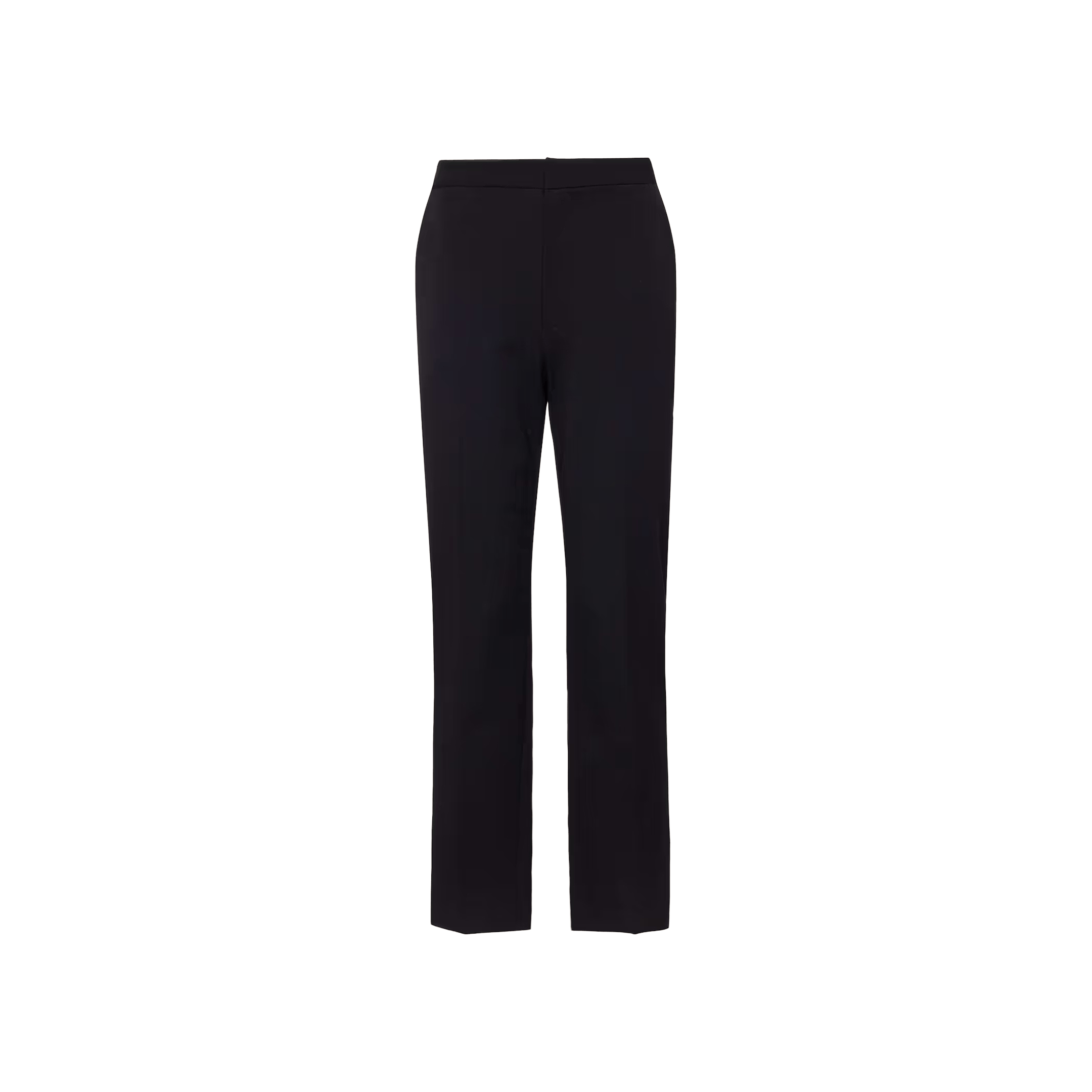 The Rebel Trouser is a high-rise black straight-leg style, crafted from Italian stretch suiting and shown against a plain white background.