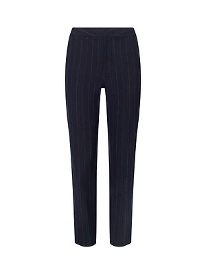 The Rebel Pinstriped Trouser by L'AGENCE features a navy blue high-rise straight-leg cut with thin red stripes, waistband, and side pockets, shown on a white background.