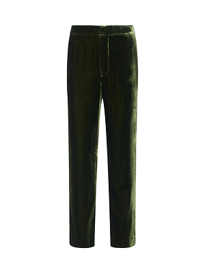 The Rebel Velvet Trouser by L’AGENCE is a dark green olive high-rise straight-leg style with a simple design, shown against a plain white background.
