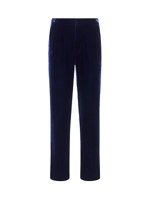 L’AGENCE’s Rebel Velvet Trouser features a high-rise, straight-leg silhouette in midnight blue velvet with a smooth texture, displayed against a plain white background.