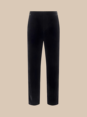 The Rebel Velvet Trouser by L’AGENCE in black features a high-rise, straight-leg silhouette and tailored fit, displayed against a plain beige background.