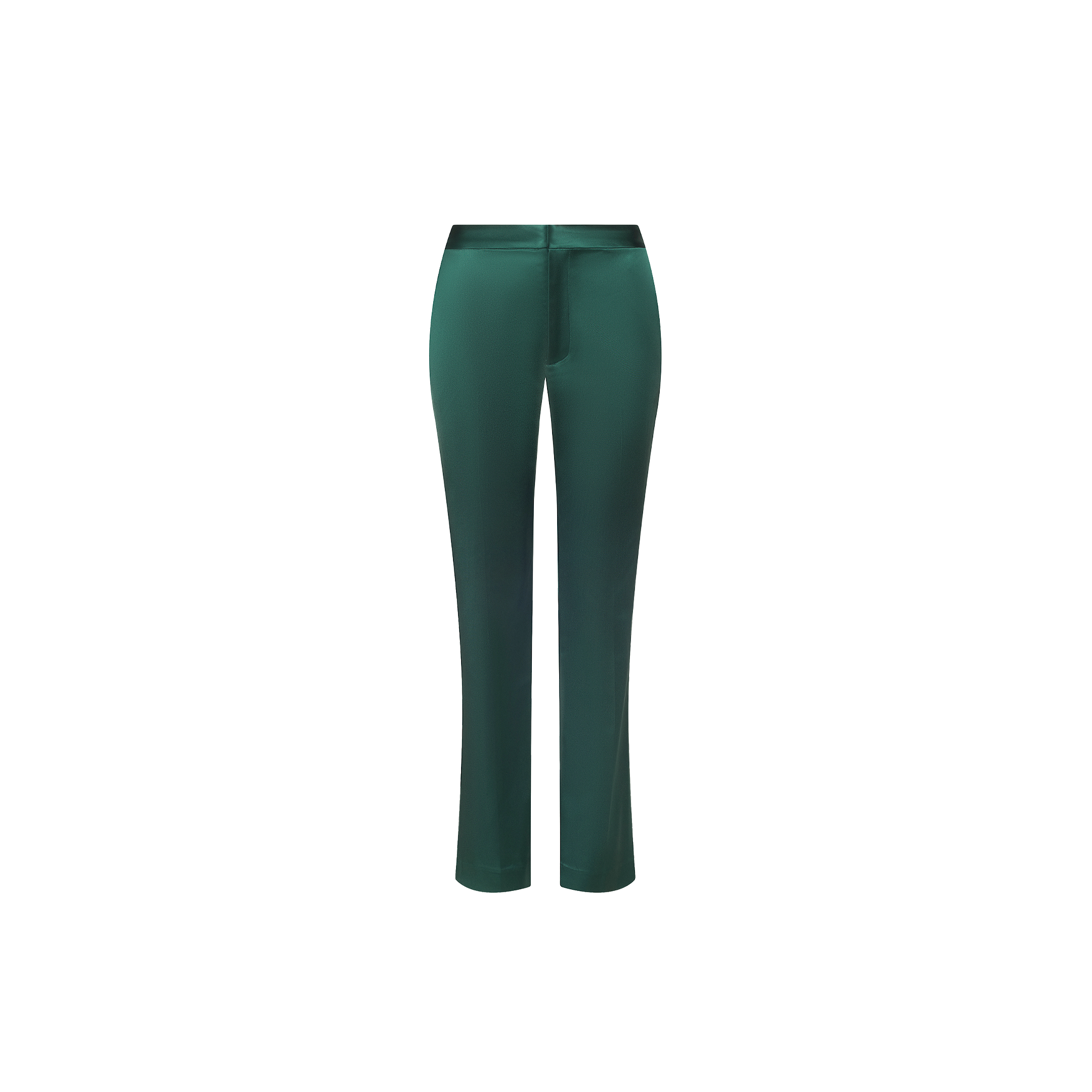 Rebel Satin Trousers in dark green with a slim-straight fit, smooth satin finish, and a tailored aesthetic.