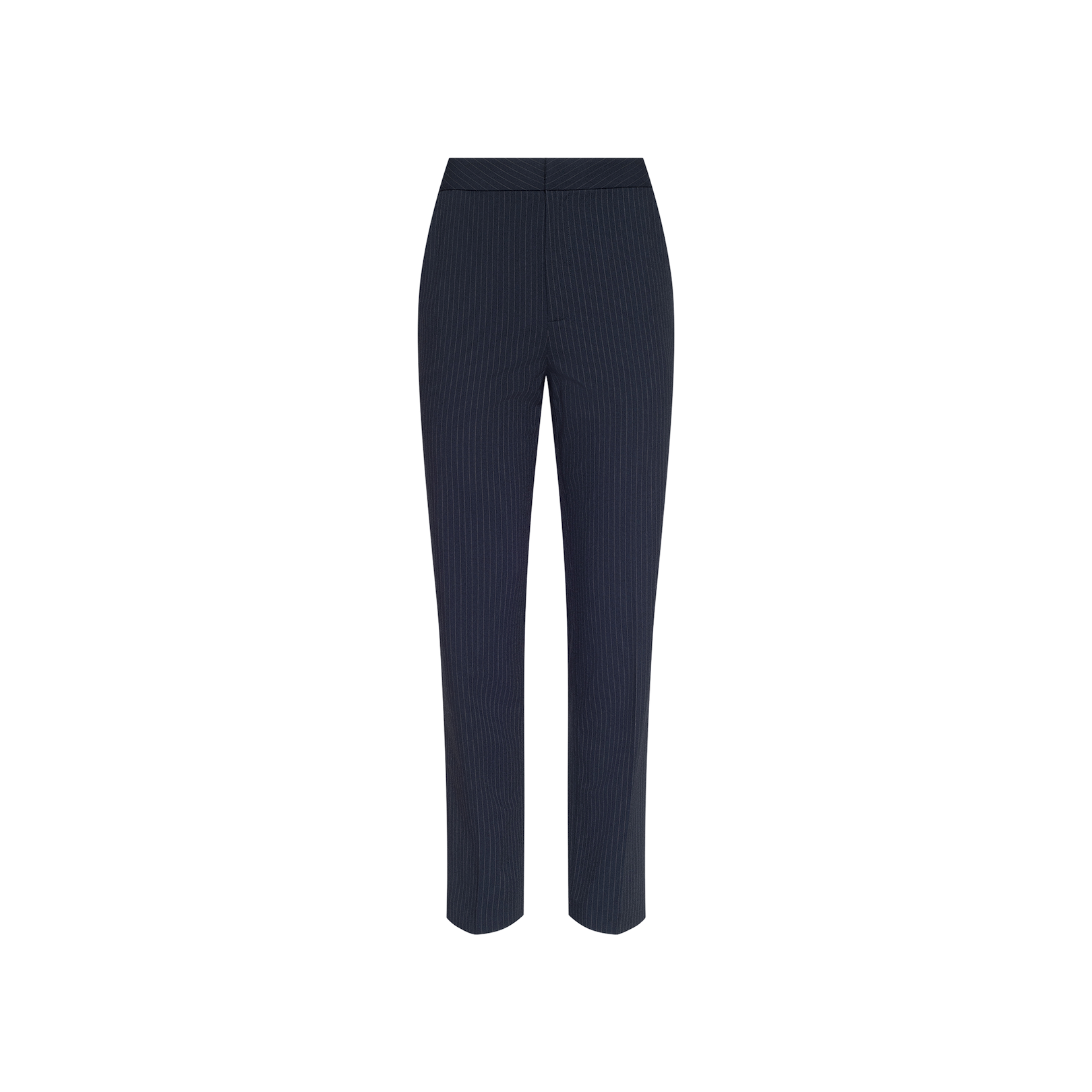Rebel Pinstriped Trouser in dark navy blue, featuring a high rise, straight-leg silhouette, front pleats, and a fitted waistband, showcased against a plain white background.