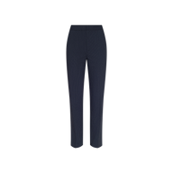 The Rebel Pinstriped Trouser, featuring a navy blue hue, high-rise fit, and straight-leg silhouette with subtle navy pinstripes, is displayed on a plain white background.