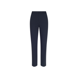 Rebel Pinstriped Trouser in dark navy blue, featuring a high rise, straight-leg silhouette, front pleats, and a fitted waistband, showcased against a plain white background.