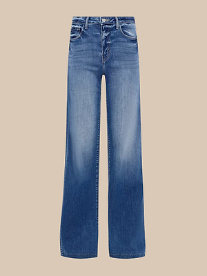 The Clayton Wide-Leg Jean features a high-rise fit, medium-wash REPREVE woven denim, subtle fading, classic five-pocket styling, and a button-zip closure, shown against a plain beige background.