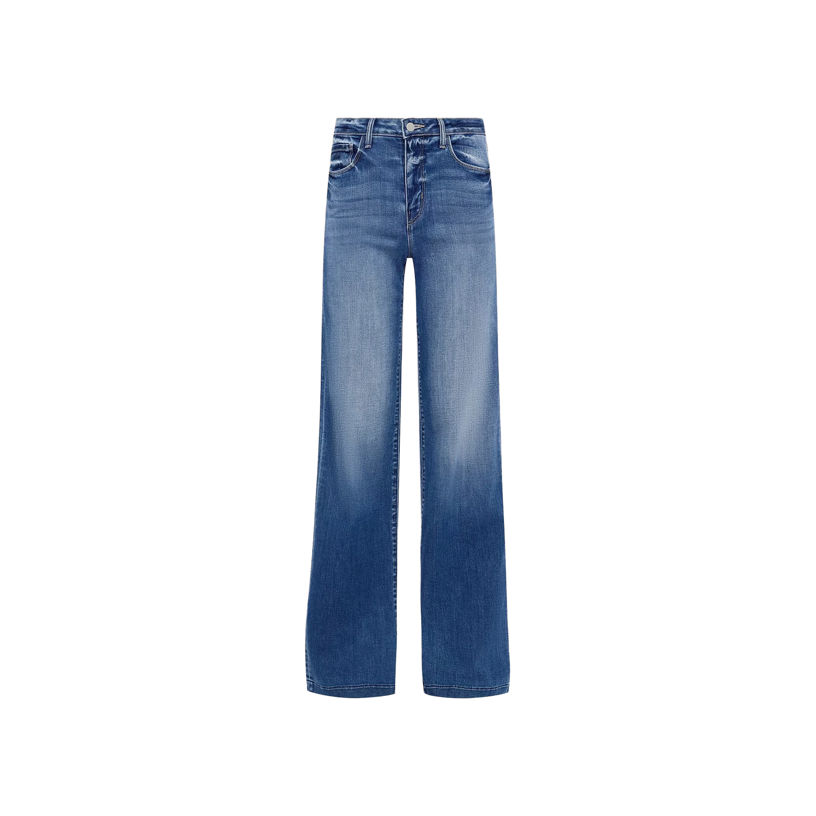 The Clayton Wide-Leg Jean is a pair of blue high-rise, tall wide-leg jeans made from REPREVE denim, showcasing a faded front wash and set against a plain white background.
