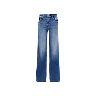 The Clayton Wide-Leg Jean is a pair of blue high-rise, tall wide-leg jeans made from REPREVE denim, showcasing a faded front wash and set against a plain white background.