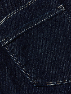 Close-up of the Clayton Wide-Leg Jean by L'AGENCE in dark blue, featuring visible white stitching and a classic pocket design that highlights the durable, high-quality stretch denim material.