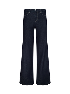 The L'AGENCE Clayton Wide-Leg Jean features dark blue stretch denim with a high-rise fit, front button and zip closure, and classic five-pocket style, shown on a white background.