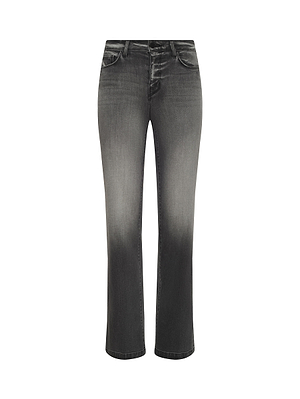 The Clayton Wide-Leg Jean features a high-rise fit in a faded black wash, made from stretch denim with front pockets, belt loops, button and zipper closure, and subtle fading at the thighs and knees.