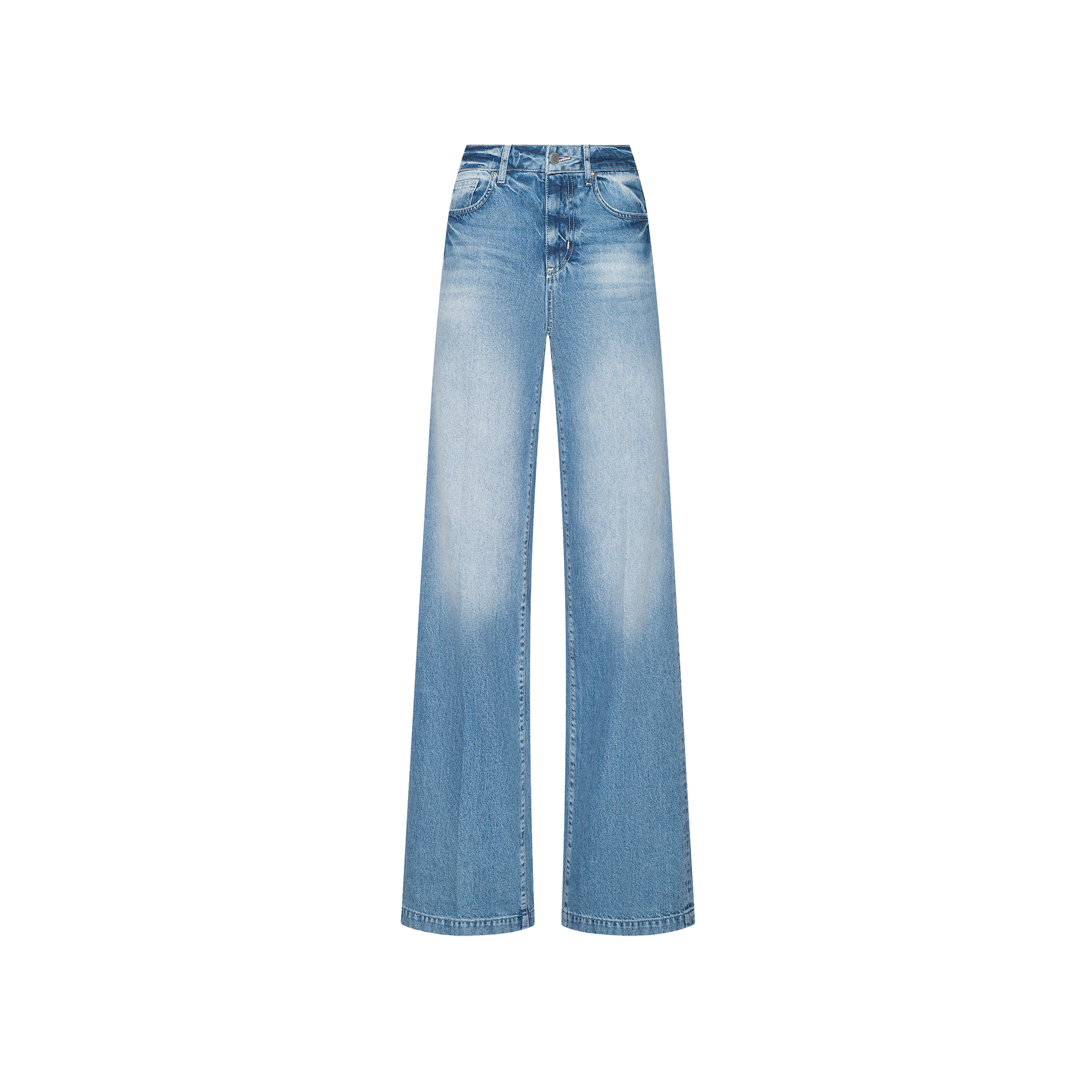 Clayton Wide-Leg Jean in light blue features a high waist, front and back pockets, belt loops, and faded thigh details inspired by Paris Fashion Week Spring 2027.