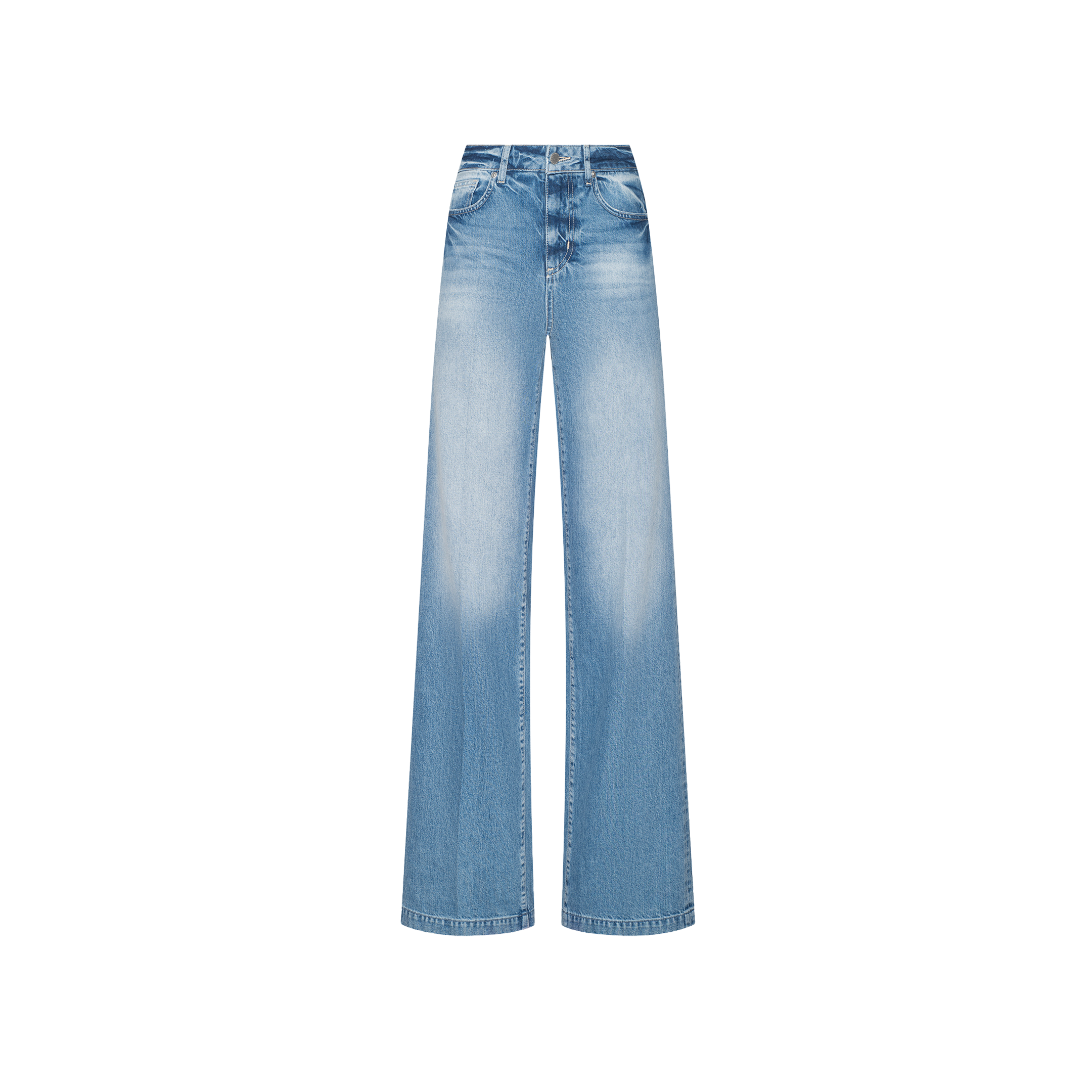 Clayton Wide-Leg Jean in light blue features a high waist, front and back pockets, belt loops, and faded thigh details inspired by Paris Fashion Week Spring 2027.