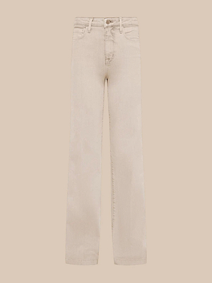 The Clayton Wide-Leg Jean is a high-waisted beige jean made from stretch denim with front and back pockets, belt loops, and a button closure, shown on a plain beige background.