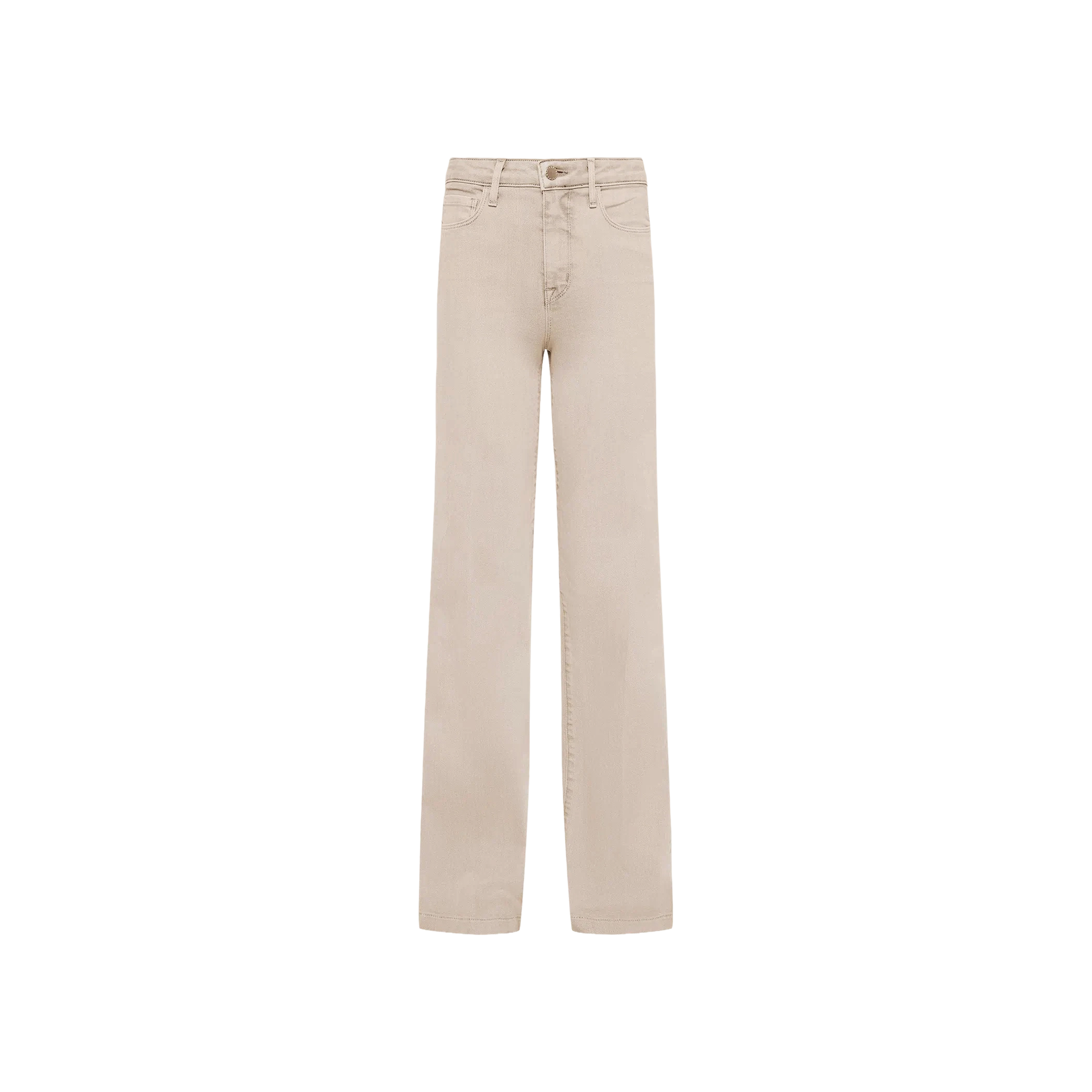 Clayton Wide-Leg Jean in beige, high-waisted and crafted from stretch denim, shown from the front on a plain white background, featuring button closure, pockets, and belt loops.