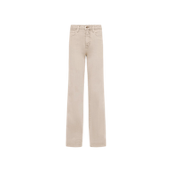 The Clayton Wide-Leg Jean in beige, crafted from stretch denim, is displayed on a plain white background. This style features a high waist, belt loops, front pockets, and a button and zip closure.