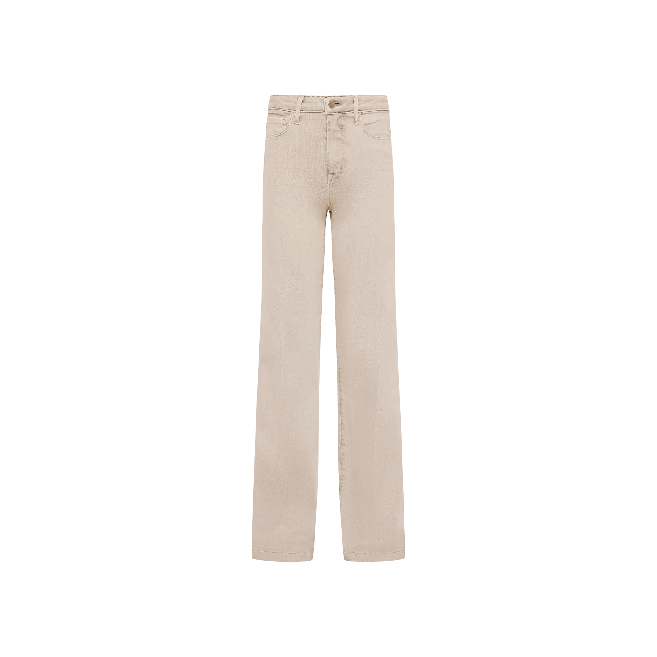 The Clayton Wide-Leg Jean in beige, crafted from stretch denim, is displayed on a plain white background. This style features a high waist, belt loops, front pockets, and a button and zip closure.
