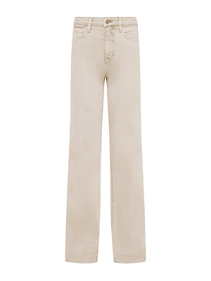 The Clayton Wide-Leg Jean by L'AGENCE in beige stretch denim features belt loops, front and back pockets, and a button-zip closure. Shown on a plain white background.