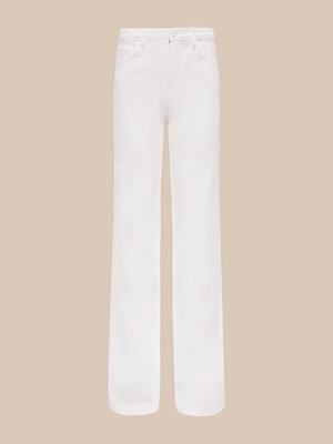 The Clayton Wide-Leg Jean, made from white stretch denim with front and back pockets, features a high-waisted, wide-leg silhouette and is shown on a plain beige background.