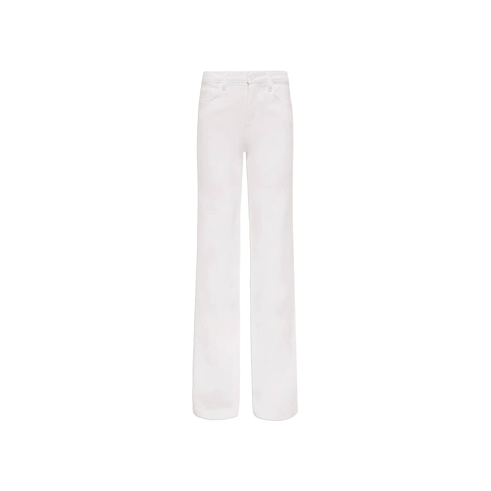 The Clayton Wide-Leg Jean is crafted from premium white stretch denim in a high-waisted silhouette, featuring wide legs, belt loops, and both front and back pockets, shown against a plain white background.