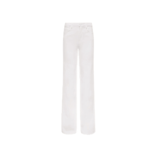 The Clayton Wide-Leg Jean is crafted from premium white stretch denim in a high-waisted silhouette, featuring wide legs, belt loops, and both front and back pockets, shown against a plain white background.