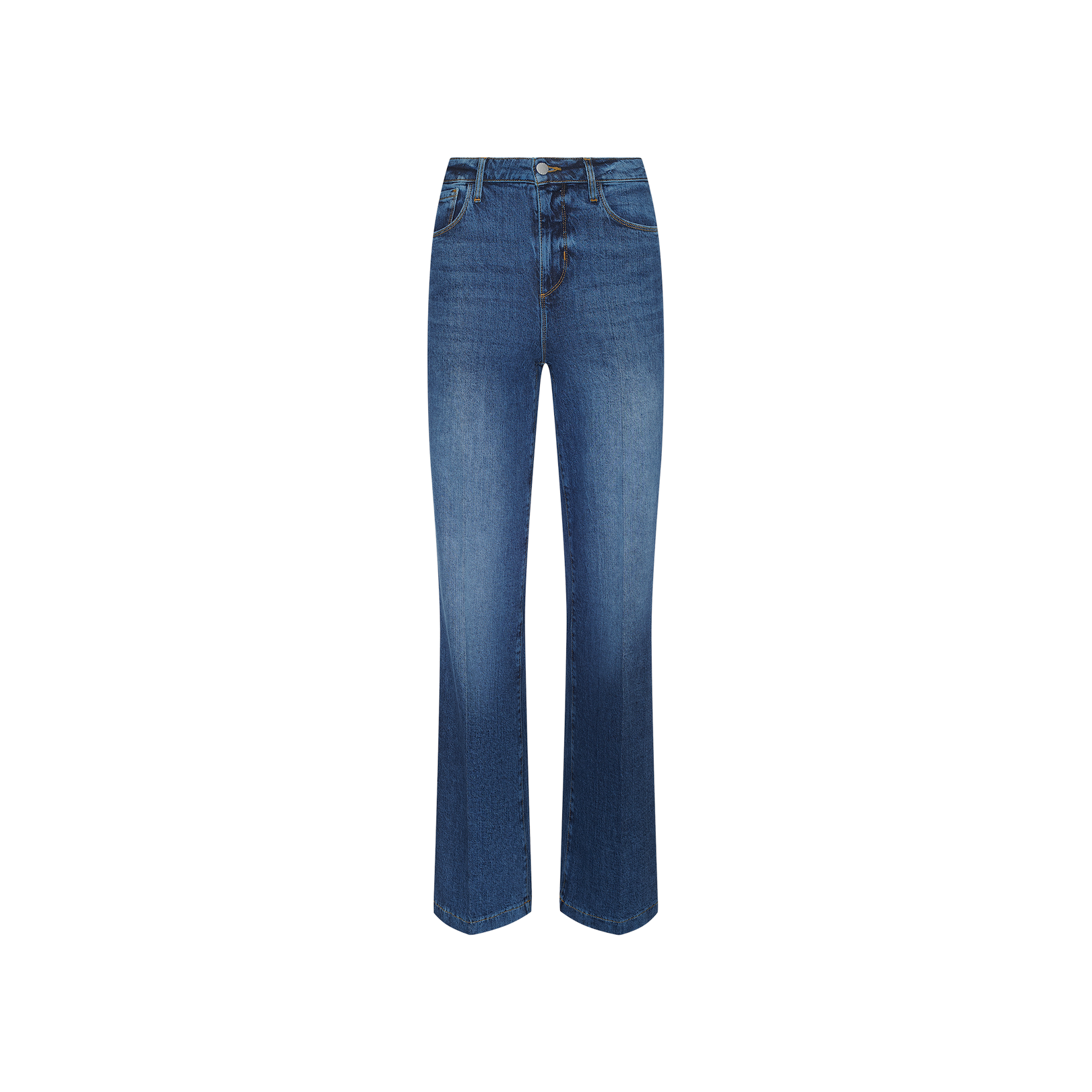The Clayton Wide-Leg Jean is crafted from stretch denim in a blue wash, featuring a high-rise waist, classic five-pocket styling, wide-leg silhouette, and subtle fading on the thighs and knees, shown against a white background.