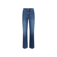 Clayton Wide-Leg Jean in blue denim, shown against a plain white background. This style features a high rise, wide-leg silhouette, classic five-pocket design, and subtle front fading, all crafted from comfortable stretch denim.