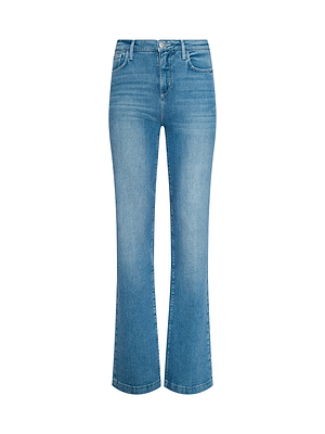The Clayton Wide-Leg Jean features light blue denim, a high-rise fit, slight flare at the bottom, classic five-pocket styling, and a button-zipper closure. These stylish jeans are shown on a white background.