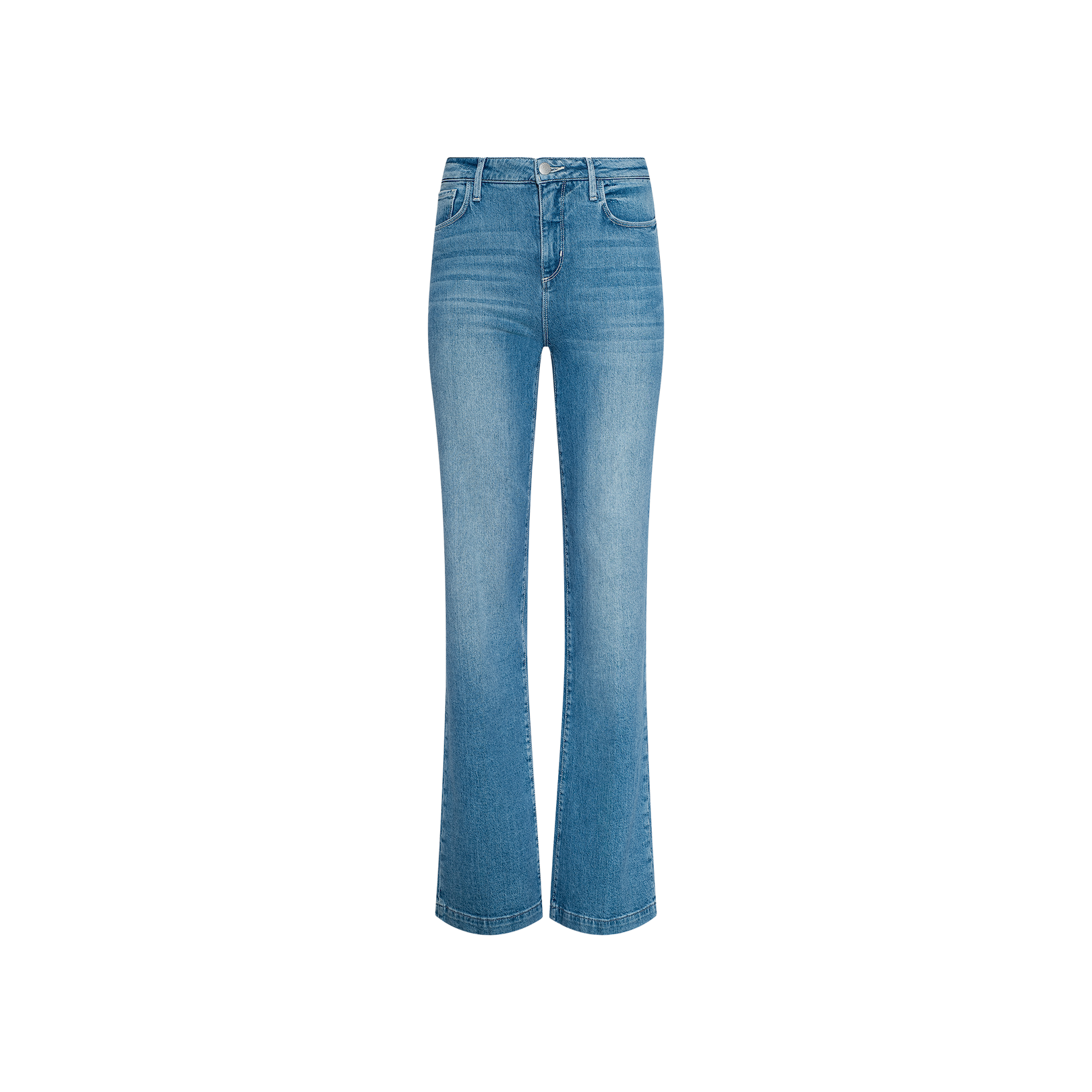 Clayton Wide-Leg Jean in light blue denim features a high rise, front pockets, and a subtle flared silhouette, shown against a white background.