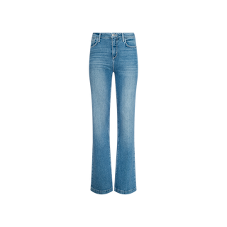 Clayton Wide-Leg Jean in light blue denim features a high rise, front pockets, and a subtle flared silhouette, shown against a white background.