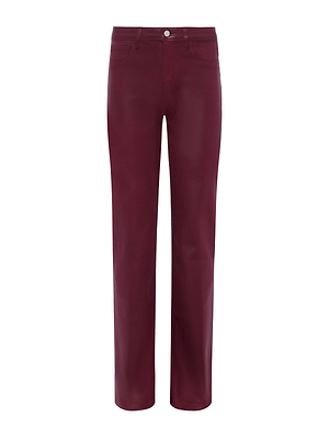The Clayton Coated Wide-Leg Jean by L'AGENCE features a high-waisted design in rich maroon, with front pockets, belt loops, and a button closure at the waistband.