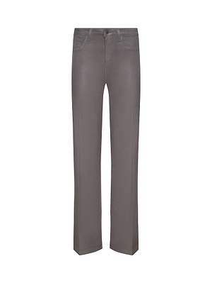 Clayton Coated Wide-Leg Jean by L'AGENCE, featuring a button and zipper closure, belt loops, and front pockets, displayed on a white background.
