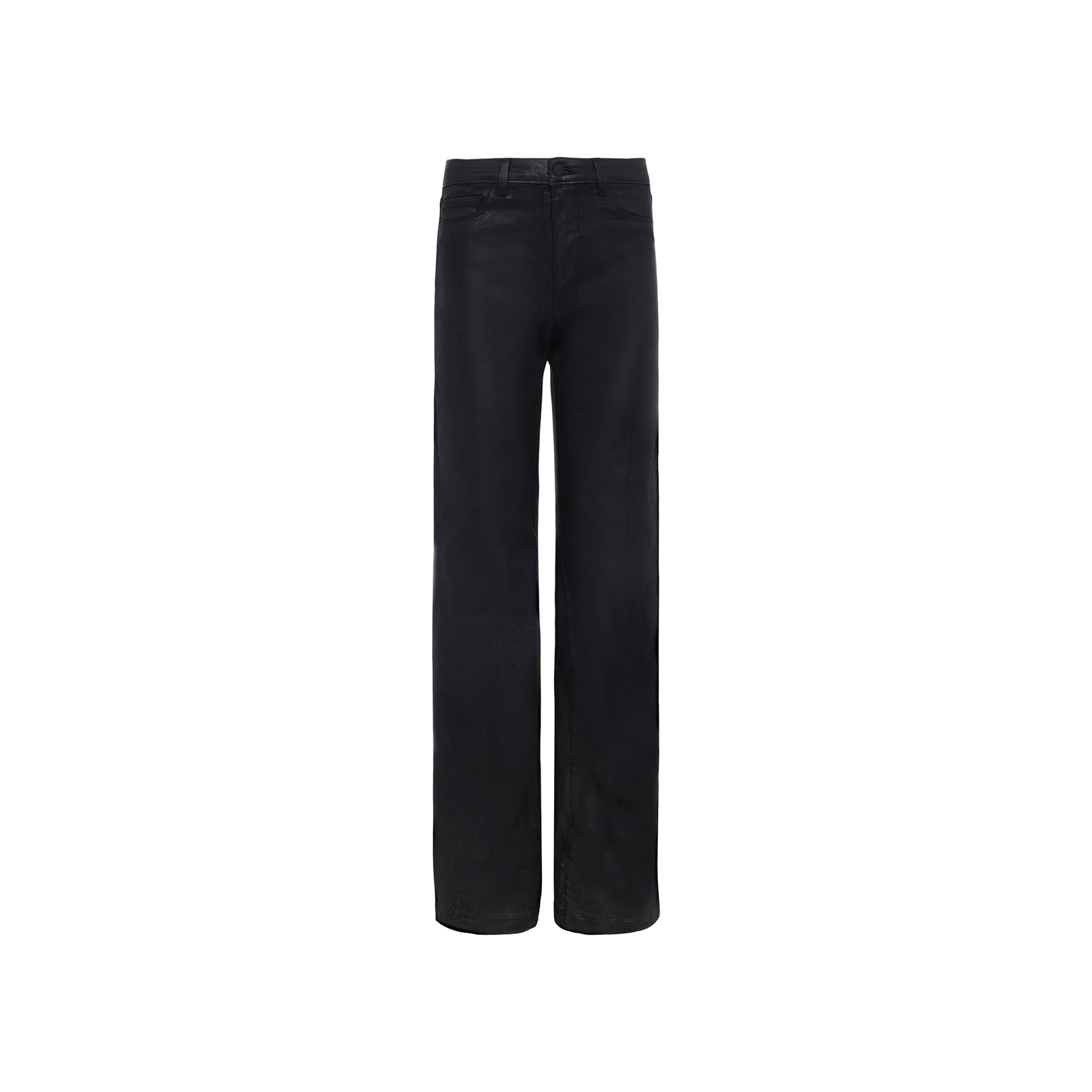 The Clayton Coated Wide-Leg Jean is a pair of black, high-rise, wide-leg jeans crafted from coated stretch denim, displayed on a plain white background.